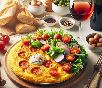 Una tortilla de patatas española junto a una ensalada junto a un trozo de pan y una copa de vino